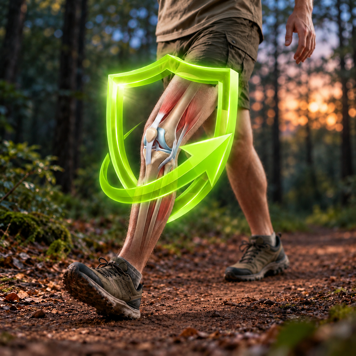 Hiker wearing a REECOV compression sleeve around the knee