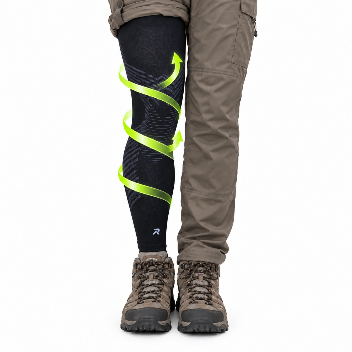 Hiker wearing REECOV graduated compression leg sleeves